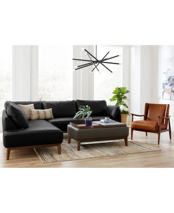 Jollene Leather Ottoman with Wood Trays, Created for Macy's - Navy