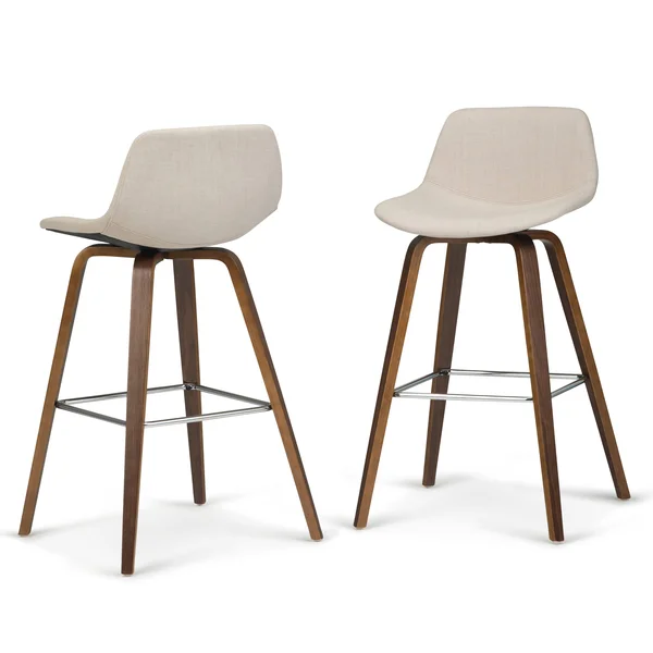 Simpli Home Randolph Bentwood Counter Height Stool, Set of 2, Natural Linen Look Fabric