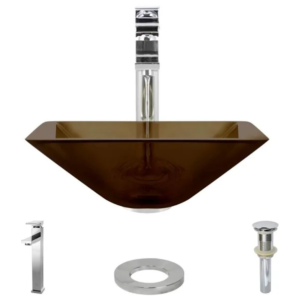 Rene R5-5003-CAS-R9-7003 16-1/2x22 Glass Vessel Bathroom Sink with Vessel Faucet Cashmere - Chrome