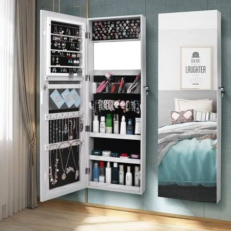 Ktaxon Mirrored Hanging Jewelry Cabinet Armoire Organizer Over Door Wall Mount w/ Keys - Girl's, Size: Large, White
