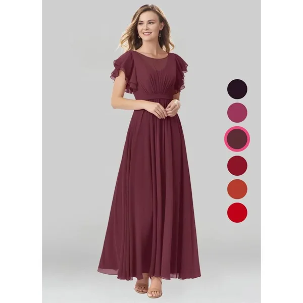 Azazie A-Line/Princess Scoop Floor-Length Chiffon Modest Bridesmaid Dresses - Cabernet