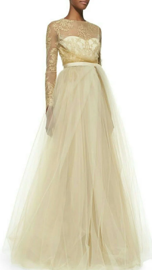 Marchesa Notte Stunning Exclusive Gold Lace Tulle Runway Dress Gown US 2