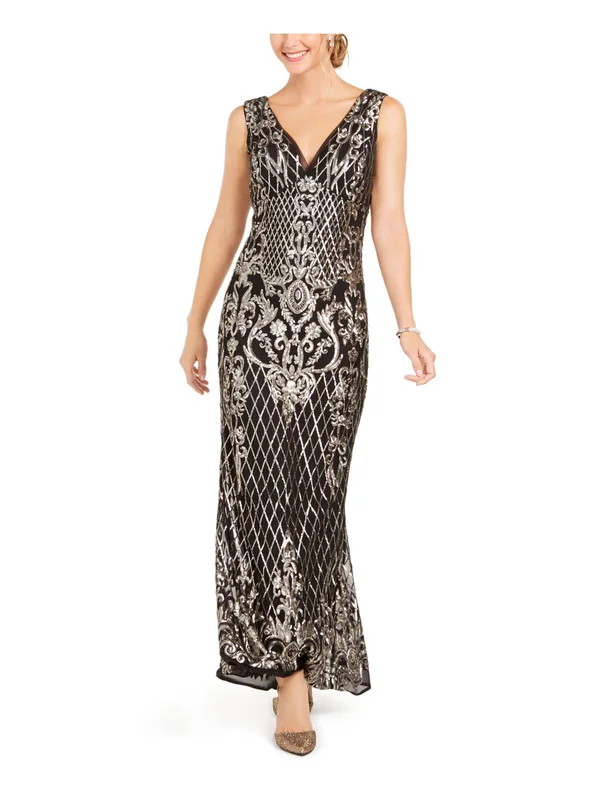 R M Richards Petite Size V-Neck Embroidered Sequin Sleeveless Gown - Womens, 14P, Black/Gold