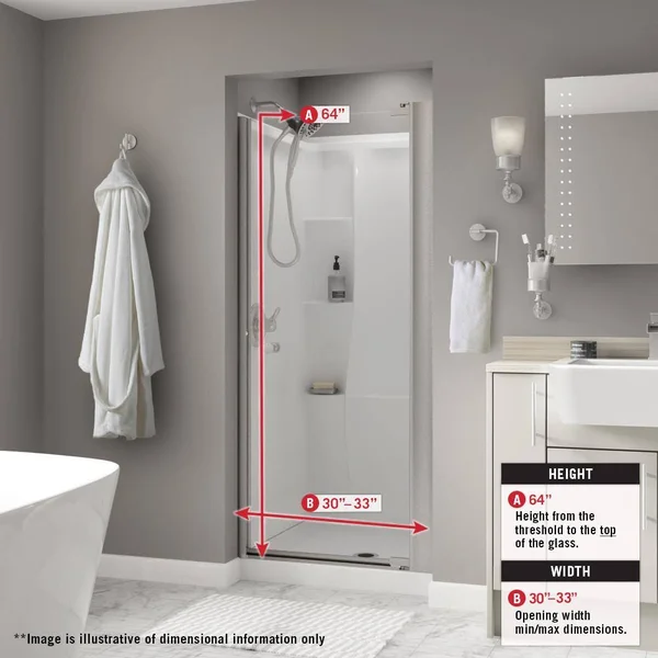 Delta Pivot Shower Door 33 in. x 64-3/4 in. Modern Side Track Clear Glass Nickel 2406365