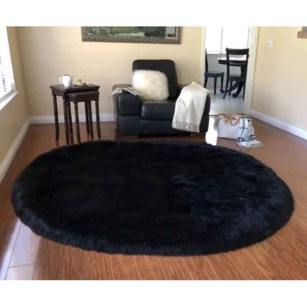 Lambzy Super Soft Faux Sheepskin Silky Oval Shag Rug - Black