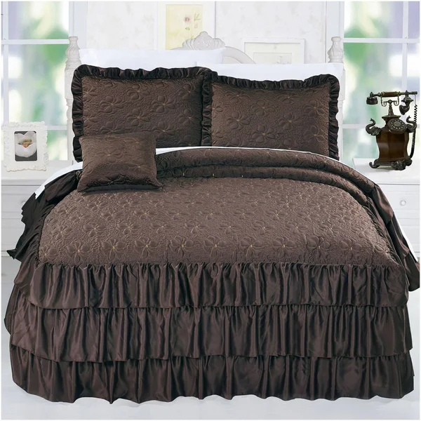 Serenta 4 Piece Matte Satin Ruffle Quilted Bedspread Set, Pink, Queen