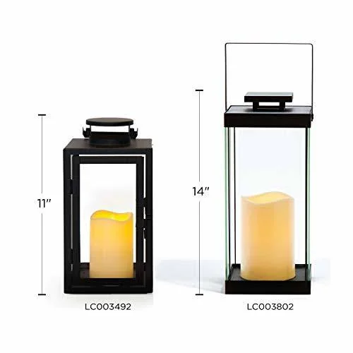 Large Glass Flameless Candle Lanterns, 14.5x22 Height, Fall-Ready Decor, Warm White LEDs, Black Metal Finish, Indoor/Outdoor Use