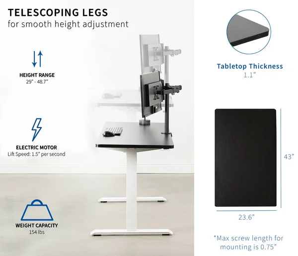 Vivo Electric 43” x 24” Stand Up Desk Workstation - Black Table Top, White Frame