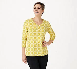 Isaac Mizrahi Live! True Denim V-Neck 3/4 Slv Printed Top, Size Small, Yellow