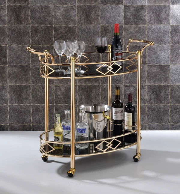 Benzara Metal Framed Serving Cart with Tempered Glass Top and Open Bottom Shelf, Gold and Black