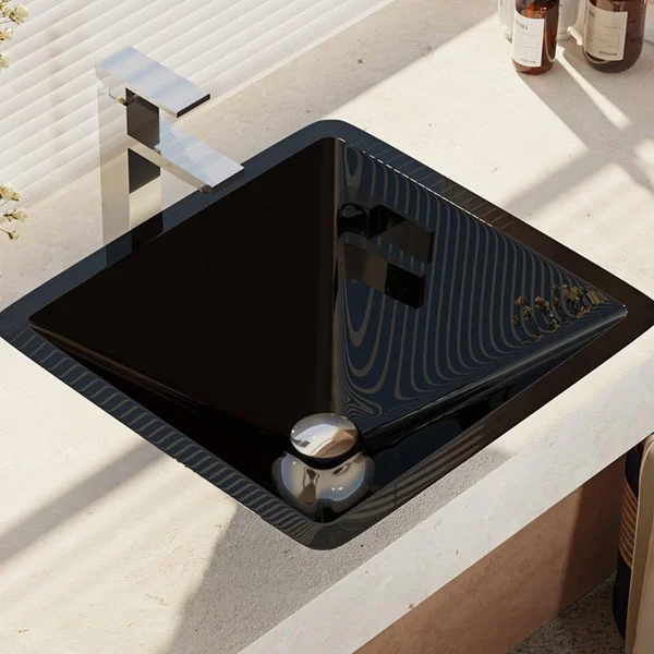 Rene R5-5003-NOR-R9-7003 16-1/2x22 Glass Vessel Bathroom Sink with Vessel Faucet Noir Dark - Chrome