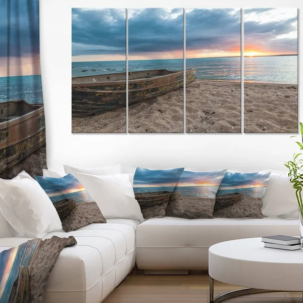 Design Art Rusty Row Boat on Sand at Sunset 5 Piece Photographic Print on Wrapped Canvas Set, Brown