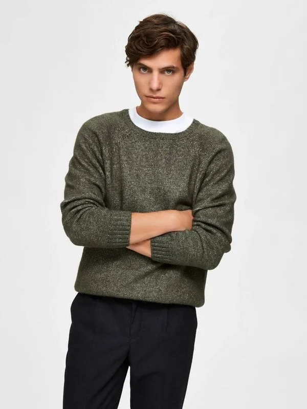 Selected Homme - Plain Crew Neck Knitted Jumper - Male - XL - Green - Acrylic/Cotton/Wool