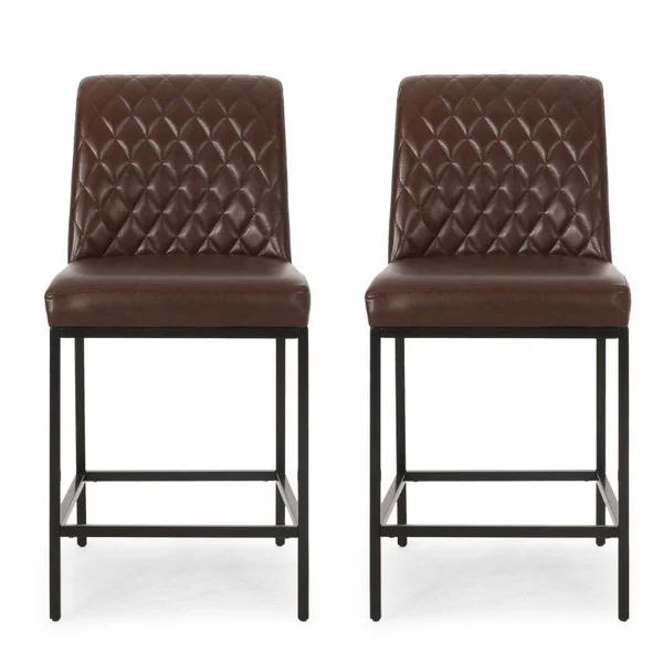 Noble House Berea Upholstered Diamond Stitch Counter Stools - Set of 2, Dark Brown and Black