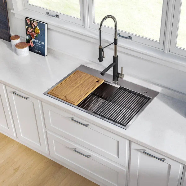 Kraus KWT310-30 Kore Workstation 30-Inch Drop-In or Undermount 16 Gauge Single Bowl Stainless Steel Kitchen Sink with Accessorie