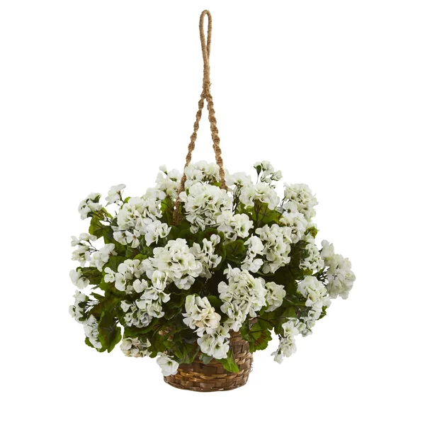 Nearly Natural Geranium Hanging Basket Artificial Plant UV Resistant (Indoor/Outdoor) White