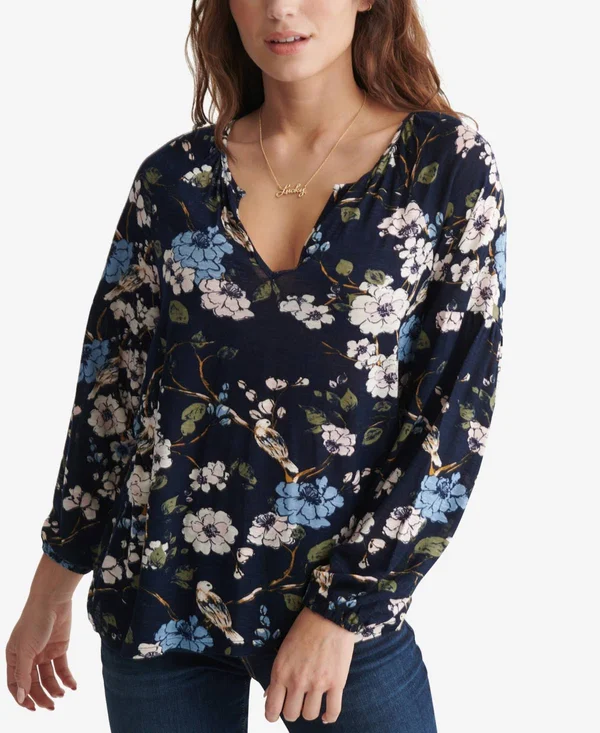 Lucky Brand Peasant Top 2 Women's Blouse Navy Multi : XL (US 12-14)