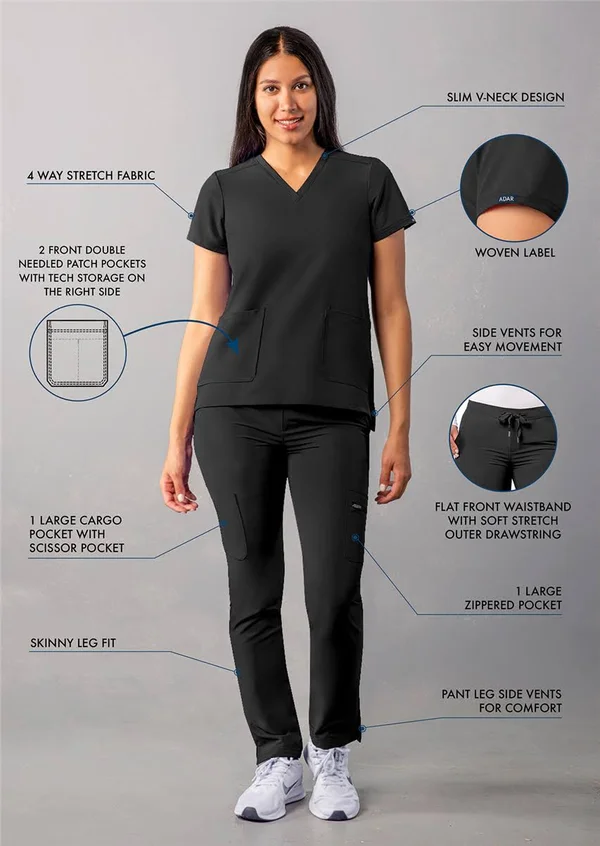 Adar Addition Go-Basic Scrub Set for Women - Slim V-Neck Scrub Top & Skinny Cargo Scrub Pants - A9200 - Black - XL