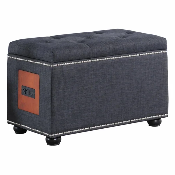 Ore International HB4854 19 in. Dark Gray Melo Tufted Nailhead Trim Storage Ottoman with Charging Station