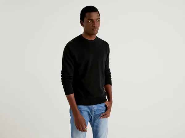 Benetton - Black Crew Neck Sweater in Pure Virgin Wool, Size L, Black, Men