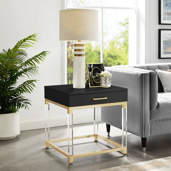 Alvaro High Gloss End Table with Acrylic Legs and Metal Base - Black-Gold