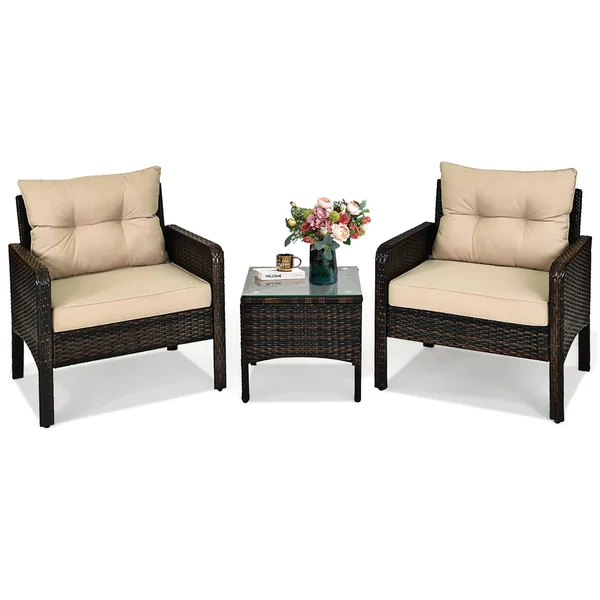 3 Pcs Patio Furniture Set PE Rattan Wicker Outdoor Sofa Set - Red