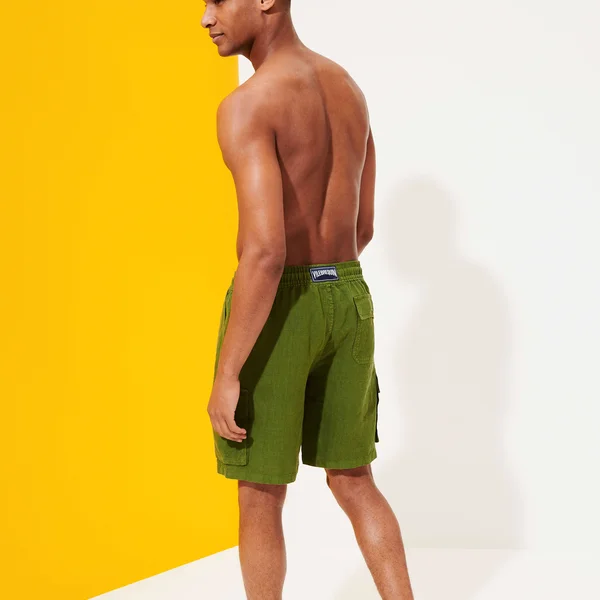 Men Linen Bermuda Shorts Cargo Pockets - Bermuda - Baie - Green - Size XXL - Vilebrequin