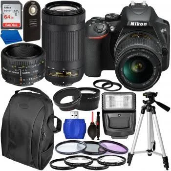 Nikon D3500 DSLR Camera with 18-55mm, 70-300mm, & 50mm Nikon Lenses and Accessory Bundle