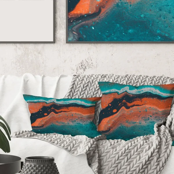 Designart 'Abstract Marble Composition in Blue and Orange VI' Modern Printed Throw Pillow - 12 x 20