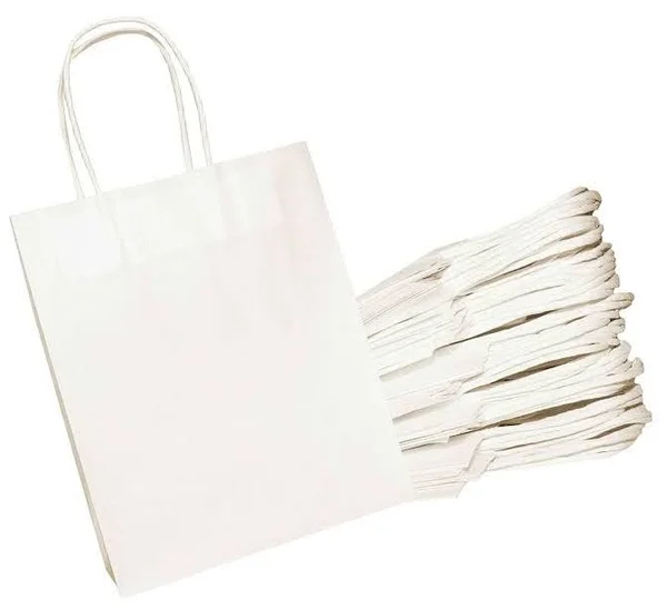 White Kraft Paper Gift Bags Bulk with Handles 6.25x3.5x8 100 BAGS. Ideal Retail