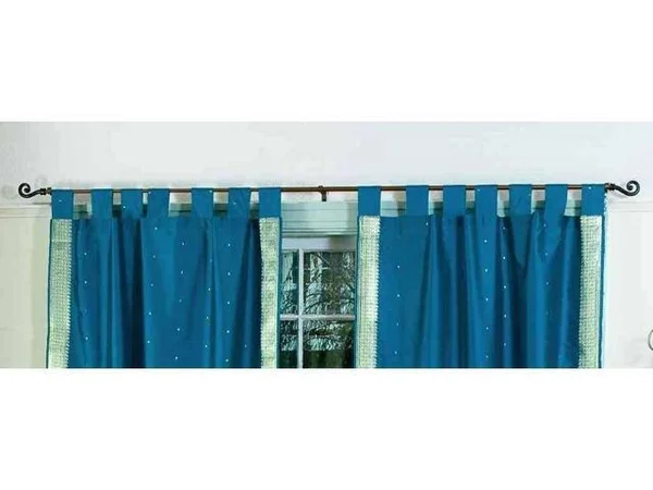 Turquoise Tab Top Sheer Sari Curtain, Drape, Panel - Pair
