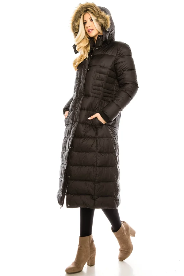 Haute Edition Women's Maxi Length Quilted Puffer with Fur Lined Hood - Grey