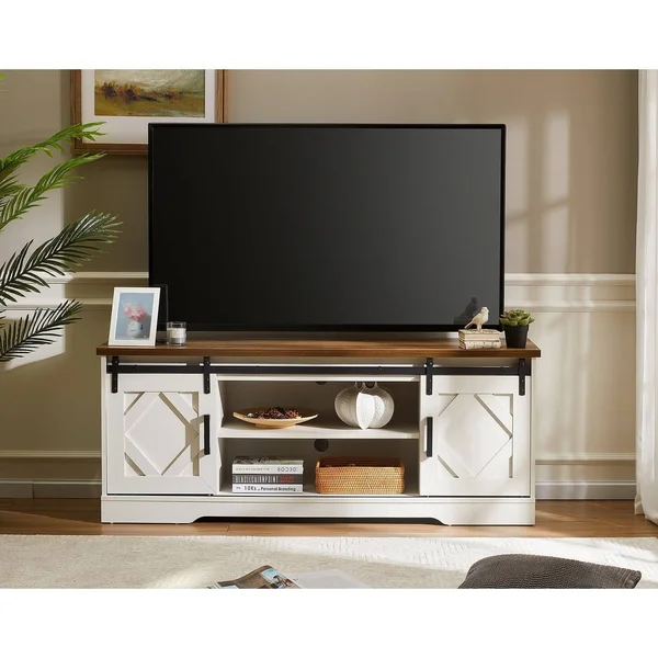 Wampat Farmhouse Sliding Barn Door TV Stand White 59x22