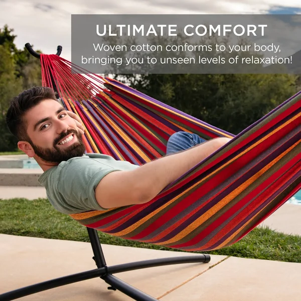Best Choice Products 2-Person Brazilian-Style Cotton Double Hammock Bed w/ Carrying Bag, Steel Stand, Rainbow