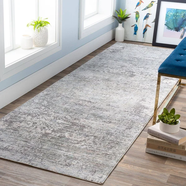 5' x 8.1' Distressed Finish Ivory and Cloud Gray Rectangular Area Throw Rug