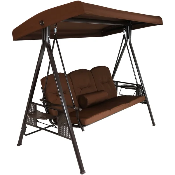 Sunnydaze Decor 3-Person Steel Frame Outdoor Canopy Swing with Side Tables, Brown