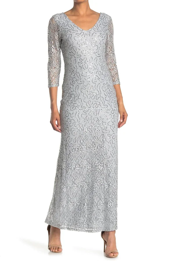 Marina Sequined Lace Gown, Size 6 - Silver at Nordstrom Rack