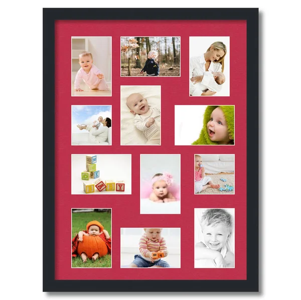 Collage Picture Frame, Satin Black Frame with 12 openings for 4x6 Photos with Red Rouge Mat. D3926CS1286, ArtToFrames