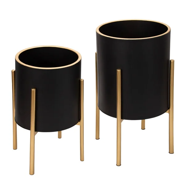 Sagebrook Home Set of 2 Planter on Metal Stand, BLACK/GLD