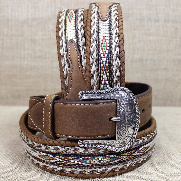 42 inch Tony Lama Brown Men's Badlands Horse Hair with Ribbon Inlay Leather Belt