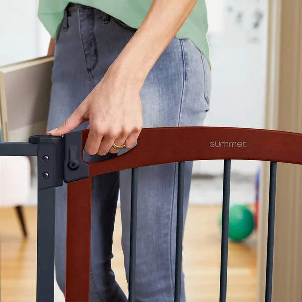 Summer Essex Craft Safety Baby Gate - Solid Wood Cherry Stain Arched Doorway with Charcoal Gray Metal Frame – 30” Tall, Fits open