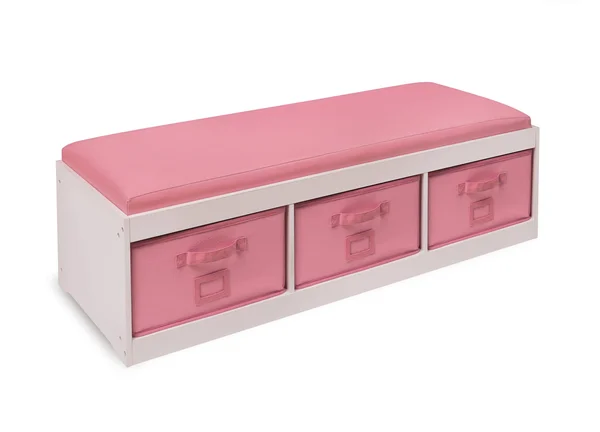 Badger Basket Kid's Storage Bench with Cushion and 3 Bins in White/Pink