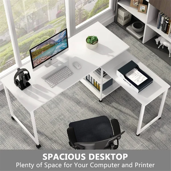 55 inch Corner Computer Desk - Reversible L-Shaped Desk 360癛otating - Black