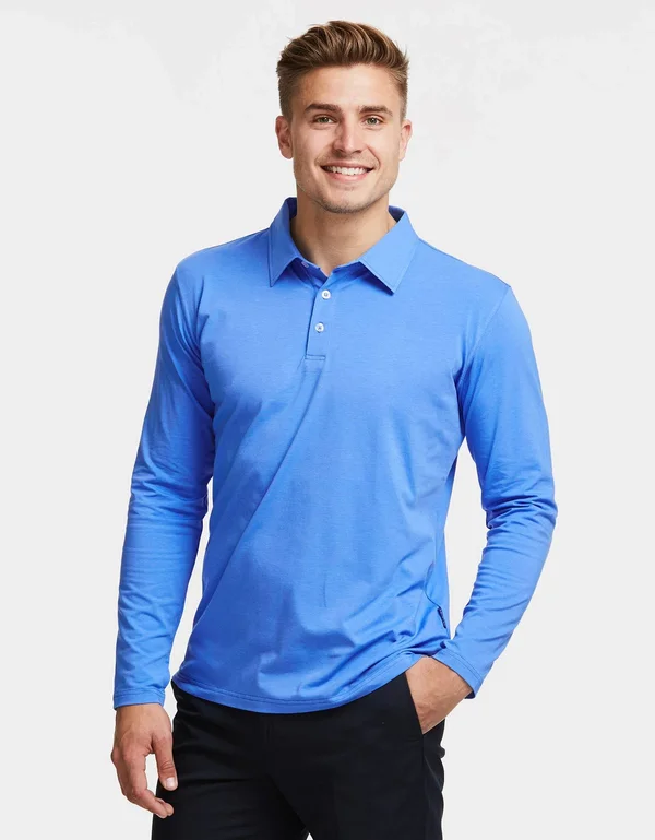 Sun Protective Long Sleeve Polo Shirt for Men UPF50+, UV Protection Light Grey Marle