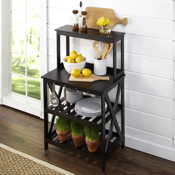 Distressed Finish Kitchen Baker's Rack with Hooks for Hanging - Black