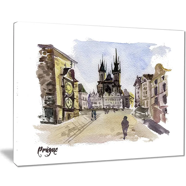 Design Art Prague Hand'drawn Illustration' Cityscape Painting Canvas Print - Green, 40 in. Wide x 20 in. High