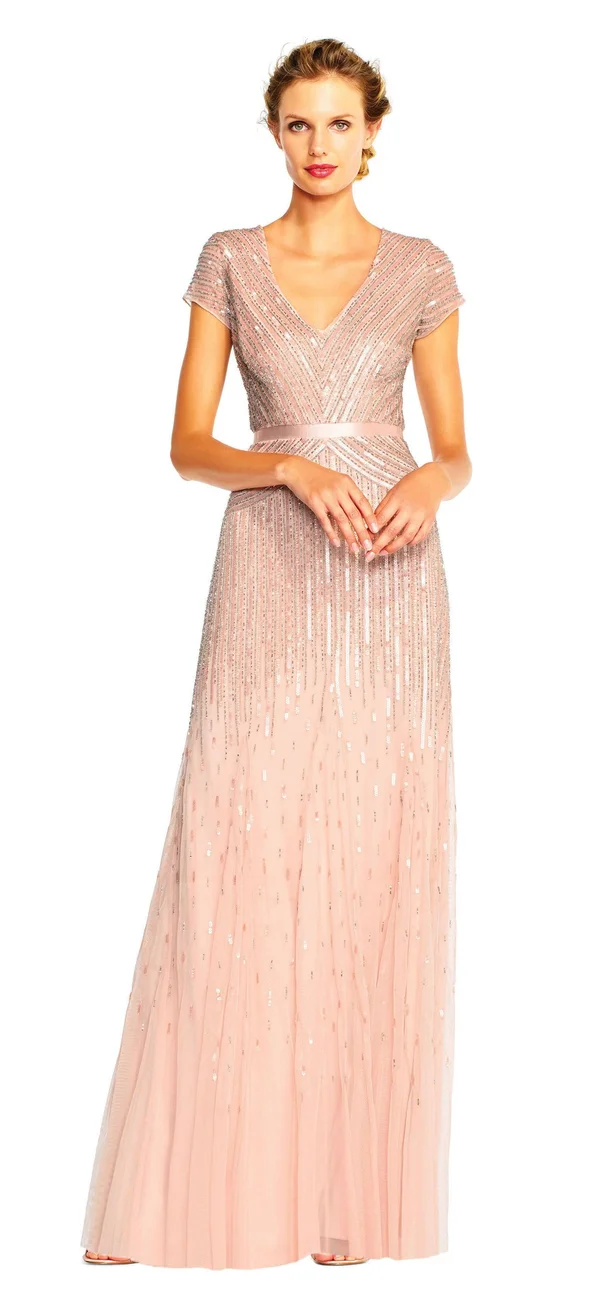 Adrianna Papell Beaded V-Neck Gown, Blush, Size: 14