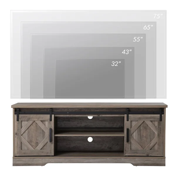 Wampat Farmhouse Sliding Barn Door TV Stand Rustic Gray Wash 59x22 - Grey