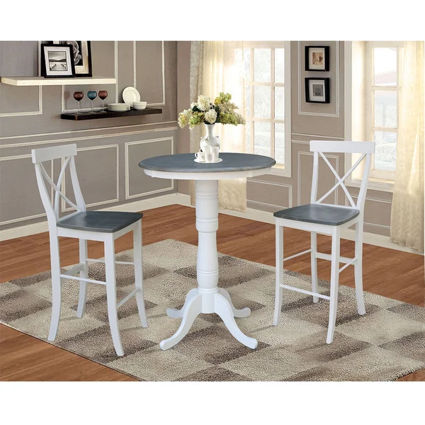 International Concepts 30x22 Round Pedestal Bar Height Table with 2 X-Back Bar Height Stools