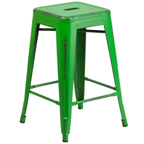 24'' Green Distressed Backless Industrial Style Outdoor Patio Counter Height Stool